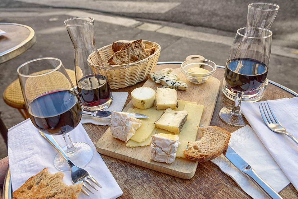 Bread, cheeses and wine